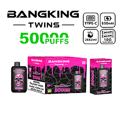 Bangking Twins vaping device with 50,000 puffs, featuring a black and pink design with a skull graphic; includes Type-C charging, 650mAh battery, 28x2ml capacity, and 1.0 ohm dual mesh coil.