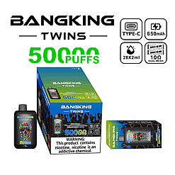 Bangking Twins vaping device packaging and two vaping devices, highlighting features like 5000 puffs, Type-C charging, 650 mAh battery, 28x2 ml capacity, and dual mesh 1.0 ohm coils