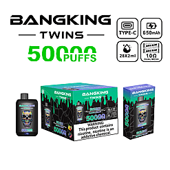 BANGKING TWINS disposable vape packaging and device, featuring 50000 puffs capacity, Type-C charging, 650 mAh battery, 28 ml e-liquid (2x14 ml), and 1.0 ohm dual mesh coil, with a warning about nicotine addiction.