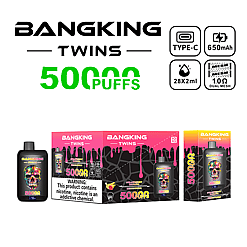 Bangking Twins disposable vape packaging and device with colorful skull design, advertising 50000 puffs, Type-C charging, 650mAh battery, 28ml e-liquid capacity, and 1.0 ohm dual mesh coil, with nicotine warning label.