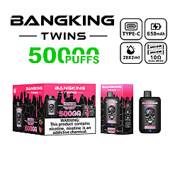 BANGKING TWINS disposable vape packaging highlighting 50,000 puffs, Type-C charging, 650mAh battery, 28x2ml e-liquid capacity, and 1.0 ohm dual mesh coil, with strawberry watermelon ice flavor and nicotine warning.