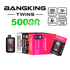 Bangking Twins vaping device with 5000 puffs capacity, featuring a colorful skull design on a black background, packaged with specifications including Type-C charging, 650mAh battery, 28x2ml liquid capacity, and 1.0 ohm dual mesh coil.