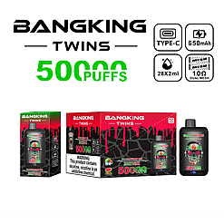 BANGKING TWINS 5000 PUFFS disposable vape device with Type-C charging, 650mAh battery, 28x2ml e-liquid, 1.0 ohm dual mesh coil, featuring a black bottle with colorful skull design and watermelon strawberry flavor packaging.
