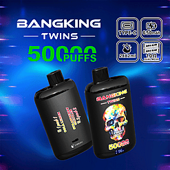 Two black disposable vape devices labeled BANGKING TWINS with colorful skull design on one and flavors "Cola Lemon" and "Strawberry Sweets" on the other, advertising 50,000 puffs on a blue gradient background with icons showing Type-C charging, 650 mAh battery, 28x2 ml liquid capacity, and 1.0 ohm dual mesh coils.
