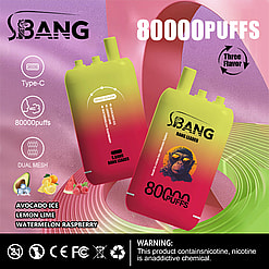 Two gradient-colored disposable vape devices with green to red coloring, labeled S. BANG BANG LEADER, set against a textured pink background with various product information such as 80000 puffs, Type-C charging, dual mesh, and three flavors: avocado ice, lemon lime, and watermelon raspberry.