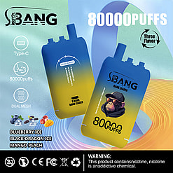 Two gradient blue and yellow disposable vaping devices labeled 'S.BANG BANG LEADER' with monkey wearing sunglasses graphic, advertised with features including Type-C charging, 80,000 puffs, dual mesh, and three flavors: blueberry ice, black dragon ice, and mango peach