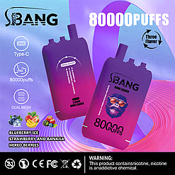 Two purple and pink gradient disposable vaping devices labeled S.BANG BANG LEADER, highlighting features such as 80,000 puffs, Type-C charging, dual mesh, and triple flavor options of blueberry ice, strawberry and banana, and mixed berries against a colorful purple and blue abstract background.