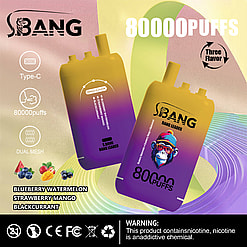 Two gradient purple and yellow S. Bang Bang Leader disposable vape devices with specifications highlighting 80000 puffs, Type-C charging, dual mesh, and three flavors: blueberry watermelon, strawberry mango, and blackcurrant on a colorful abstract background
