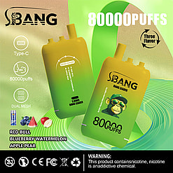 Two yellow and green gradient disposable vape devices labeled BANG with features listed including type-C charging, 80000 puffs, dual mesh, triple flavor options of red bull, blueberry watermelon, and apple pear, and a warning about nicotine addiction.