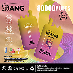 Two yellow to pink gradient disposable vape devices labeled 'S.BANG BANG LEADER' with icons indicating Type-C charging, 80000 puffs, and dual mesh, featuring flavors Red Bull, Watermelon Bubble Candy, and Strawberry Ice Cream, against a colorful abstract background with brand logo and warning about nicotine.