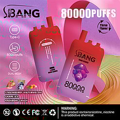 Two red gradient disposable vape devices labeled 'S.BANG Bang Leader' with an illustration of a pirate monkey wearing sunglasses and a bandana, advertising 80,000 puffs and triple flavors: strawberry watermelon, grape ice, and rainbow candy, on a pink and purple abstract background with product features listed on the left.