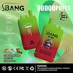 Two rectangular disposable vape devices in red and green gradient colors with the brand S.BANG, showing triple flavor options including strawberry kiwi, peach ice, and cherry cola, alongside icons indicating Type-C charging, 80,000 puffs, and dual mesh technology, set against a green textured background with a blurred face on one device and a nicotine warning label at the bottom.
