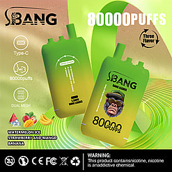 Two green and yellow gradient vaping devices labeled S.BANG BANG LEADER with triple flavor of watermelon ice, strawberry and mango, banana, highlighting 80000 puffs, Type-C charging, and dual mesh design, surrounded by fruit icons and a warning about nicotine addiction.