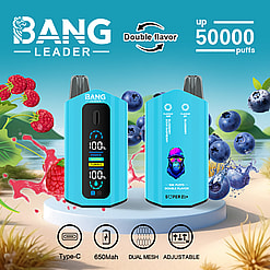 Two blue Bang Leader vaping devices with digital displays, featuring double flavor options of blueberry and sour raspberry, depicted with raspberries and blueberries splashing in the background, highlighting 50,000 puffs, Type-C charging, 650mAh battery, dual mesh, and adjustable settings.
