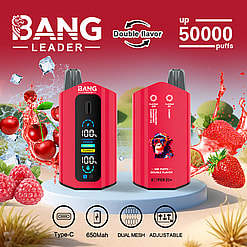 Two red Bang Leader vaping devices displaying digital power and juice levels, surrounded by splashes of cherries, strawberries, raspberries, and ice cubes, with text highlighting double flavor and up to 50,000 puffs capacity.