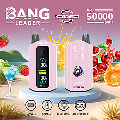 Two pink BANG LEADER vape devices on a blue circular platform with tropical background, showing up to 50,000 puffs, double flavor, and features like Type-C charging, 650mAh battery, dual mesh, and adjustable settings, surrounded by splashes of raspberry, cherry, and orange.