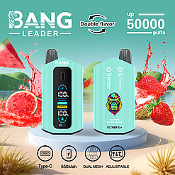 Two teal Bang Leader vaping devices featuring a black control panel and a colorful gorilla graphic, surrounded by splashes of watermelon and strawberry, highlighting double flavor and up to 50,000 puffs, with icons for Type-C charging, 650mAh battery, dual mesh, and adjustable settings.