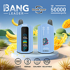 Two light blue Bang Leader disposable vape devices shown front and back with a beach background and mango and banana fruit splashes, text highlighting double flavor, 50,000 puffs, 650mAh battery, Type-C charging, dual mesh, and adjustable power features.