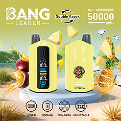 Two yellow Bang Leader vaping devices with digital display and pineapple ice and passionfruit flavors, surrounded by splashes of pineapple and passionfruit on a green background, highlighting features like double flavor, 50,000 puffs, Type-C charging, 650mAh battery, dual mesh, and adjustable settings.