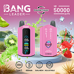 Two pink BANG LEADER vape devices with digital displays, surrounded by splashes of green kiwi and red strawberry juice, ice cubes, and kiwi and strawberry fruits on a purple and blue background, highlighting features like double flavor and up to 50,000 puffs.