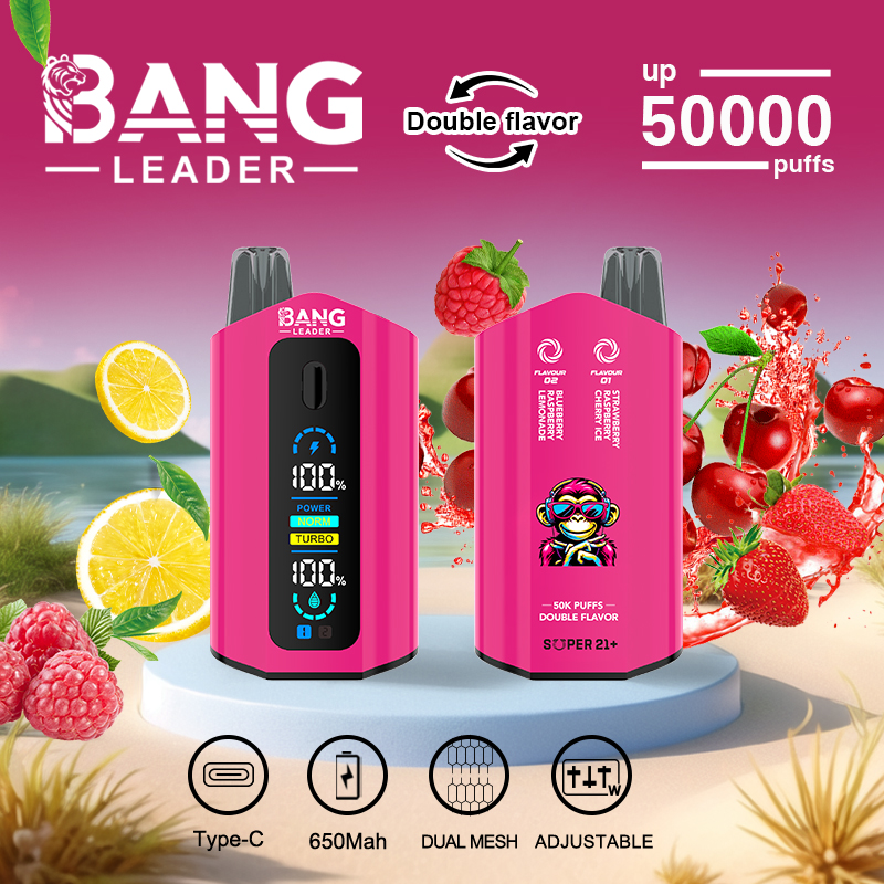 Two pink Bang Leader vape devices displayed on a white circular platform with a lakeside background, surrounded by raspberries, lemon slices, cherries, and strawberries, highlighting features such as double flavor, up to 50,000 puffs, Type-C charging, 650mAh battery, dual mesh, and adjustable settings.