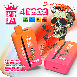 Two orange-pink gradient disposable vape devices branded Bang Blaze, featuring a skeleton wearing orange sunglasses and a cap smoking, with specifications for 40ml e-liquid capacity, 650mAh battery, type-C charging, and dual mesh coil 1.2Ω, promoting 40,000 puffs and dual flavors.