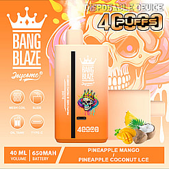 Orange to light peach gradient disposable vape device with skull wearing crown graphic, pineapple mango and pineapple coconut ice flavors, 40ml volume, 650mAh battery, mesh coil, slide mechanism, oil tank, and Type-C charging