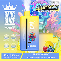 Bright yellow and blue disposable vape device labeled Bang Blaze Joycome with a graphic of a colorful person wearing a suit and a colorful skull background, text indicates 4,000 puffs, pink lemonade and blueberry cherry lemon flavors, 40 ml volume and 650 mAh battery, icons for mesh coil, slide, oil tank, and Type-C charging.