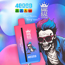 Gradient pink to blue device with BANG BLAZE COLOR branding and a stylized figure with two-tone purple and blue hair in the background, surrounded by symbols indicating Type-C charging, 650mAh battery, 40ml capacity, and 1.2Ω mesh coil; text reads 'Dual flavors, Very cool!' and 'Rainbow Candy Arctic Freezing.'