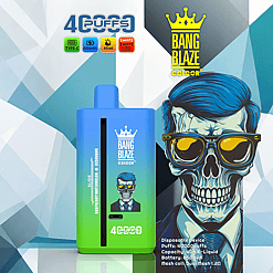 A blue and green gradient disposable vape device labeled Bang Blaze with a crown logo and text indicating 40000 puffs, Raspberry Watermelon flavor, 650mAh battery, 40ml e-liquid capacity, and mesh coil specifications, with a blurred face illustration wearing glasses and a suit on the device and its packaging against a geometric background.