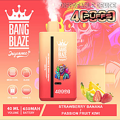 Disposable Bang Blaze Joycome vaping device with 4000 puffs capacity in strawberry banana passion fruit kiwi flavor, shown alongside illustrated fruit and colorful skull design background