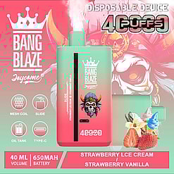 Bang Blaze Joycome disposable vape device with 4000 puffs, strawberry ice cream and strawberry vanilla flavor, featuring a gradient pink and green design with a skull logo wearing a blue headdress, and accompanied by strawberries, vanilla flowers, and ice cream cones.