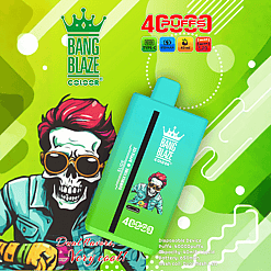 Bright green and yellow background featuring a teal reusable vaping device labeled Bang Blaze with a skull figure wearing sunglasses and red hair, technical specs including 650mAh battery, 40ml capacity, and dual mesh coil, and the Bang Blaze logo with a green crown above it.