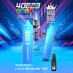 Two blue Bang Blaze Shisha cycle refueling type devices labeled blueberry ice with 4000 puffs capacity, placed in front of a traditional hookah on a blue and purple stage with light effects, alongside a small blueberry flavor bottle and icons indicating Type-C charging, 1000mAh battery, 40ml capacity, and 0.6 ohm mesh coil.