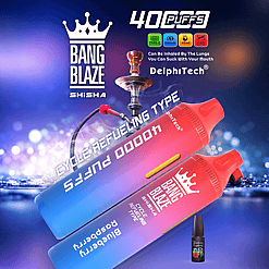 Two gradient blue to red disposable vape devices labeled Bang Blaze Shisha with 40,000 puffs and cycle refueling type, set against a blurred background featuring a traditional hookah and water reflections, highlighting features like Type-C charging, 1000mAh battery, 40ml capacity, and 0.6Ω mesh coil.