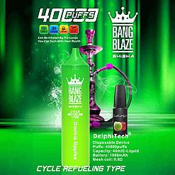 Green Bang Blaze shisha cycle refueling type bottle labeled Double Apples with a black disposable DelphiTech device, set against a smoky green background featuring a purple hookah and product specifications including 400 puffs, 40ml capacity, 1000mAh battery, and 0.6 ohm mesh coil.