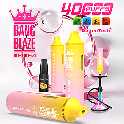 A pink and yellow gradient disposable vape device labeled Bang Blaze Shisha with mango peach flavor, shown standing upright, lying down, and connected to a colorful hookah; a small bottle of mango peach flavor e-liquid is beside the vapes, and text highlights 40,000 puffs, 40 puffs, and technical specs like Type-C charging, 1000mAh battery, 40ml capacity, and 0.6Ω mesh coil