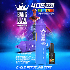 Blue Bang Blaze Shisha disposable vape device labeled 'Mixed Fruit' standing in front of a traditional hookah pipe, with another purple device lying beside it, set against a purple and blue smoky background, highlighting features like 40 puffs, 40ml e-liquid capacity, 1000mAh battery, and mesh coil technology.