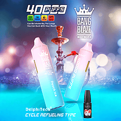 Two pastel gradient Bang Blaze shisha vape devices labeled with 4000 puffs and peach ice flavor, positioned in front of a traditional hookah with smoke and a colorful bokeh background, featuring icons for type-C, 1000mAh, 40ml, and 0.6Ω mesh coil specifications.