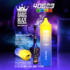 Bang Blaze Shisha disposable vape device with purple and blue gradient design and yellow cap next to a traditional hookah emitting smoke, featuring text detailing features like 40000 puffs, 40ml e-liquid capacity, 1000mAh battery, and 0.6 ohm mesh coil, with product branding and specifications on a dark blue and purple smoky background.