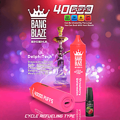 Two pink disposable Bang Blaze shisha devices labeled with 40,000 puffs and strawberry watermelon flavor, displayed next to a traditional hookah with smoke against a purple and pink bokeh background, along with product features such as 1000mAh battery and 40ml e-liquid capacity.