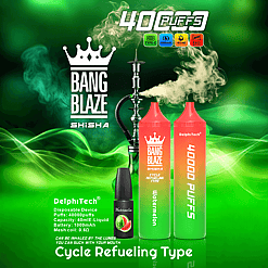 Bang Blaze Shisha disposable device with watermelon flavor, featuring 40,000 puffs capacity, 40 ml e-liquid, 1000mAh battery, and 0.6 ohm mesh coil, shown with green smoke and a hookah on a green background.