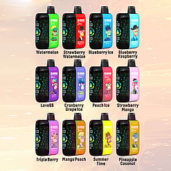 Twelve colorful disposable vape devices arranged in three rows, each with unique cartoon animal artwork and flavor labels including Watermelon, Strawberry Watermelon, Blueberry Ice, Blueberry Raspberry, Love66, Cranberry Grape Ice, Peach Ice, Strawberry Mango, Triple Berry, Mango Peach, Summer Time, and Pineapple Coconut, each marked with '50000' puffs and 'Starry'.
