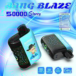 Two black and blue vape devices labeled BANG BLAZE 50000 Starry with constellation patterns and a cartoon monkey wearing a cowboy hat, set against a blue swirling background with text highlighting 3 mode options, quick charge, USB Type-C, 550mAh battery, dual mesh, and VPU inside.