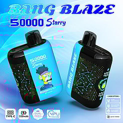 Two blue and black Bang Blaze 50000 Starry vape devices, one showing a cartoon monkey with blueberry ice flavor, and the other displaying digital indicators and constellation patterns on a blue gradient background