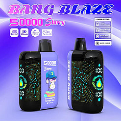 Two black and purple Bang Blaze 50000 Starry disposable vape devices with illuminated blue digital displays and a cartoon monkey wearing a blue cap, set against a blue and purple background with product features text above.