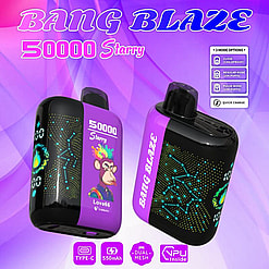 Two black and purple Bang Blaze 5000 Starry vaping devices with constellation patterns and a cartoon monkey with colorful hair on one device, displayed against a purple and pink abstract background with text highlighting three mode options and quick charge feature.