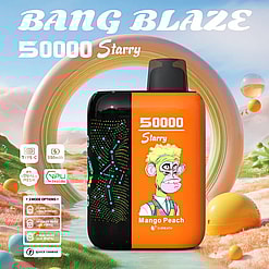 Bang Blaze 50000 Starry Mango Peach disposable vape with constellation design and cartoon monkey illustration, shown against a surreal landscape with bubbles and rings, highlighting features like Type-C charging, 550mAh battery, dual mesh coil, and three mode options with quick charge.