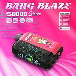 Bang Blaze 50000 Starry Peach Ice disposable vape device with red and black body and digital display on the side, advertised with Type-C charging, 550mAh battery, dual mesh coils, VPU inside, and three mode options including childproof close, regular mode (25K puffs), and pulse mode (15K puffs) on a pink background.