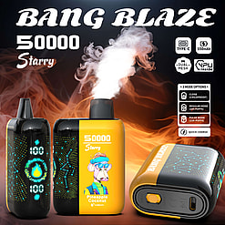 Three BANG BLAZE 50000 Starry vape devices, one black with blue glowing flame and numeric display, one yellow and black with a cartoon pineapple coconut monkey illustration, and one showing the bottom with a push switch and Type-C charging port, all set against a smoky fiery background with text describing features like Type-C, 550mAh, dual mesh, NPU inside, three mode options, and quick charge.